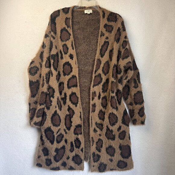 Umgee Cardigan Womens L leopard animal print long duster pockets eyelash mobwife - Picture 1 of 4